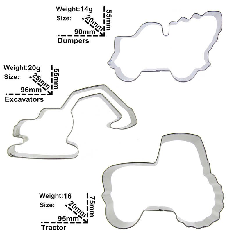Graafmachines, Tractoren, Cement vrachtwagens vormen 3 stuks biscuit cutting mallen, bakken tools, cake decorating soft candy gereedschap.