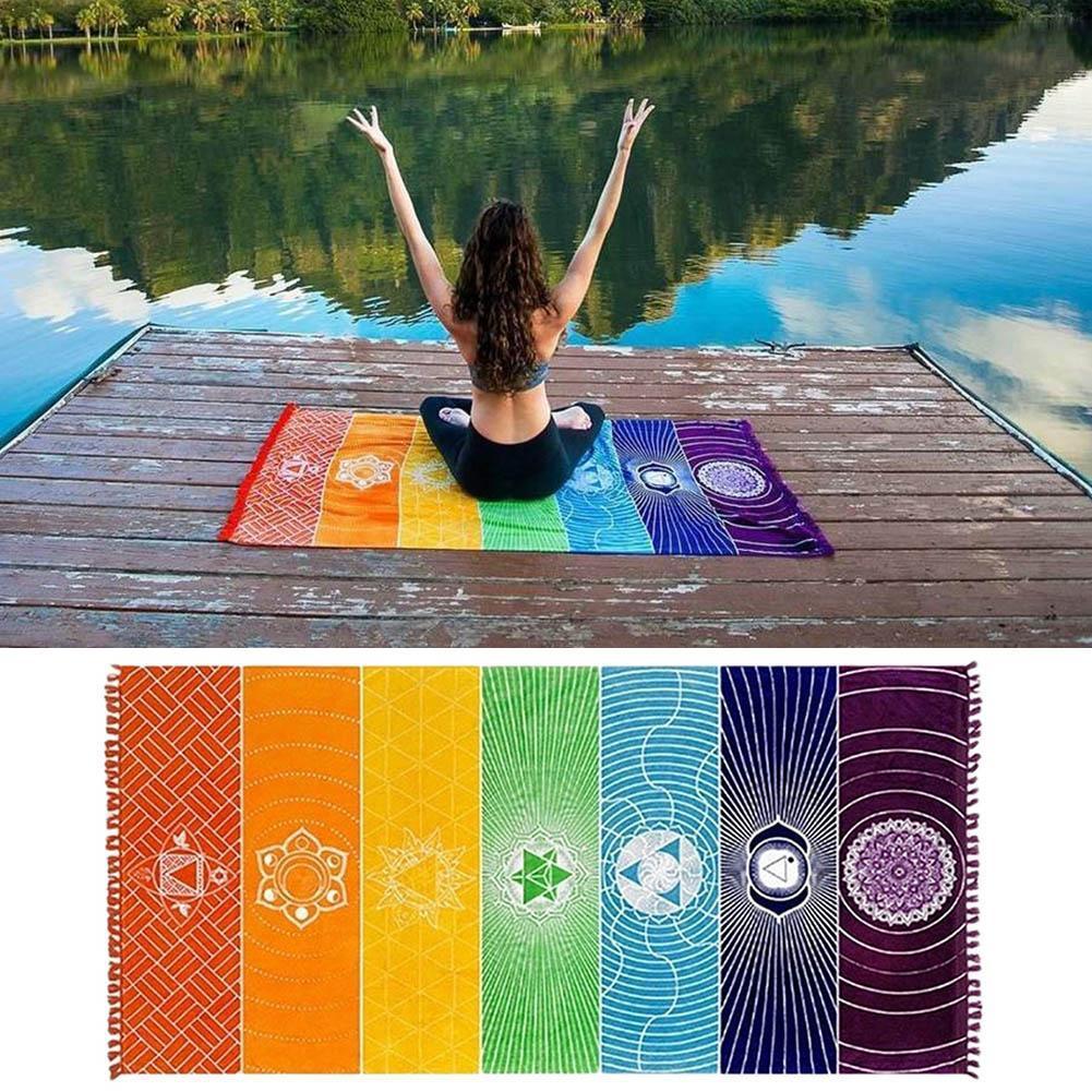 Polyester Muur Opknoping India Mandala Deken 7 Chakra Strepen Reizen Yoga Tapestry Gekleurde Strand Mat Regenboog A0C2