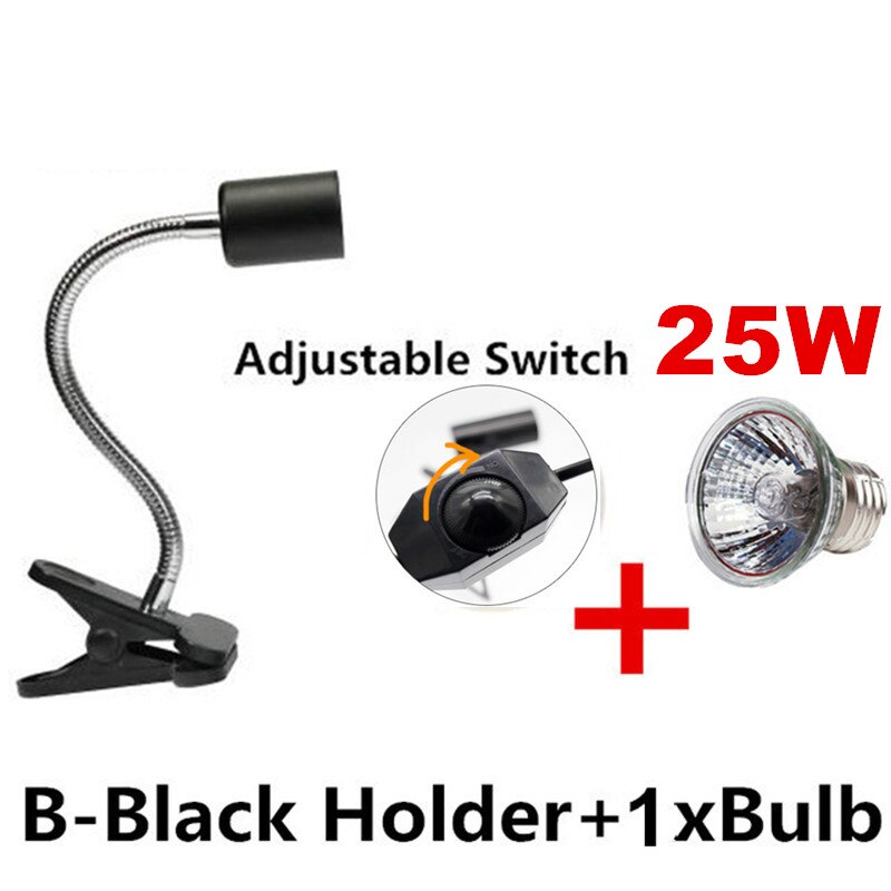 Aquarium Reptile Basking Lamp Holder for Turtle Lizard Habitat Ceramic UVB/UVA Heat Bulb Lamp Clip Holder E27 Base: BlackControl-25WBulb