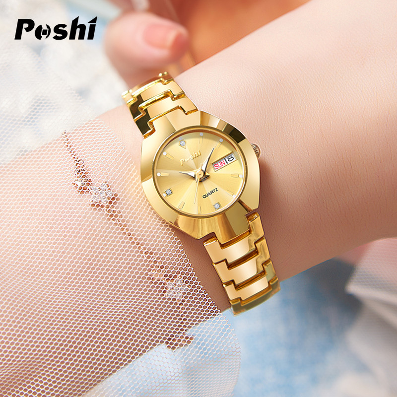 Swiss poshi women's watch, stainless steel, simple, waterproof, luminous with date, week, quartz watch, elegant bracelet as