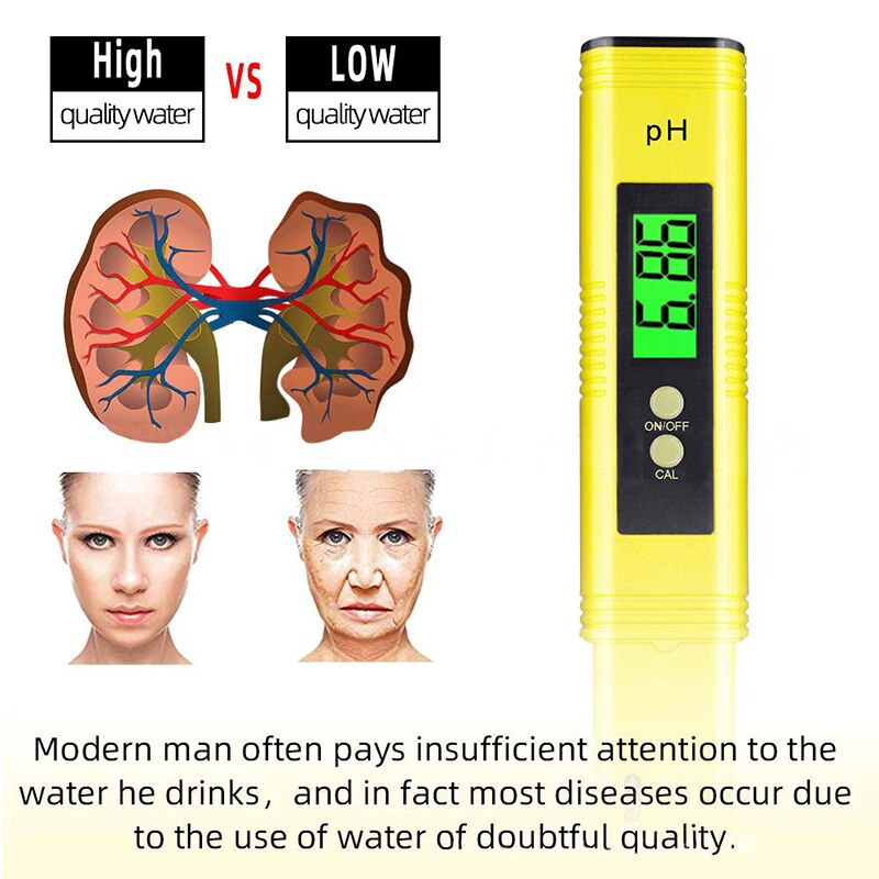 Portable PH Meter Pen Digital LCD Testing Water Purity Solution Measuring Tool 0-14pH Detect Wine Urine Yellow/Blue