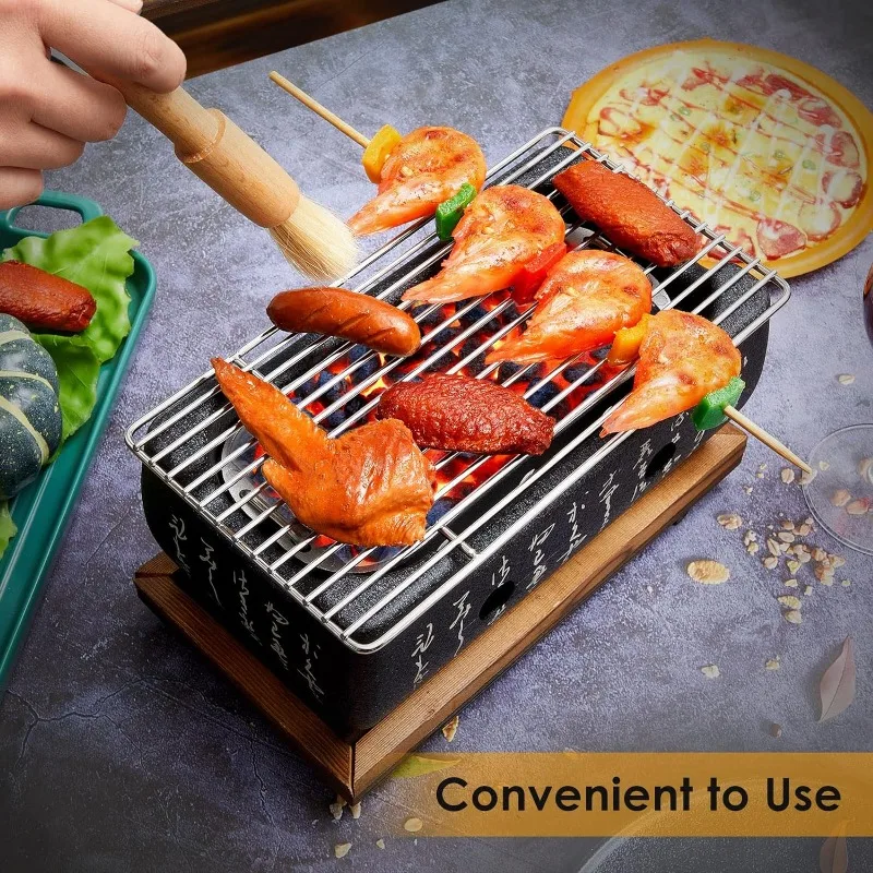 Japanese Style BBQ Grill Portable Barbecue Stove Aluminium Household Charcoal Grill with Wire Mesh Wooden Base Barbecue Tools