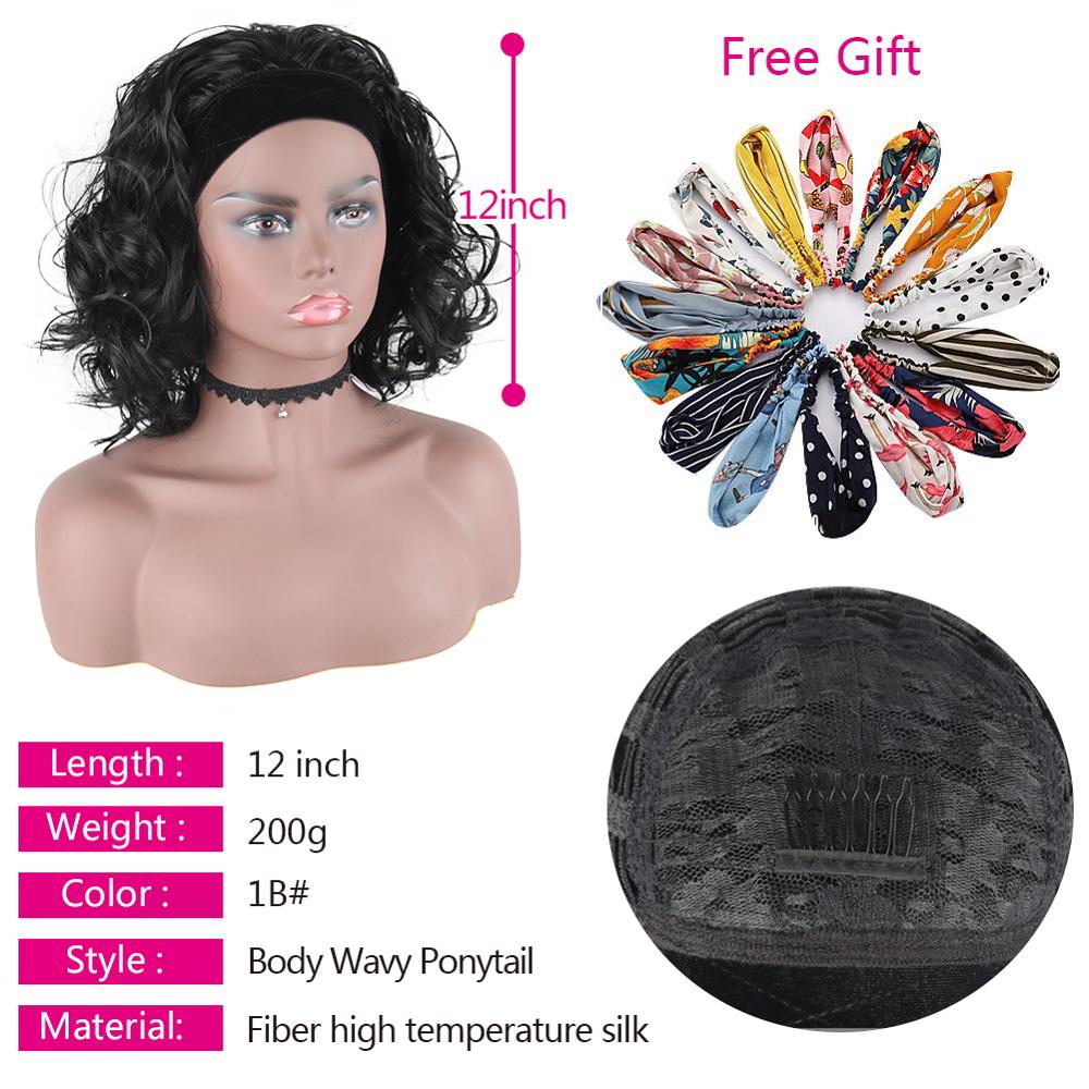 Body Wave Short Curly Ponytail for Black Women Loose Wavy Headband Wigs Synthetic Natural Wavy Turban Ponytail Hair Extension