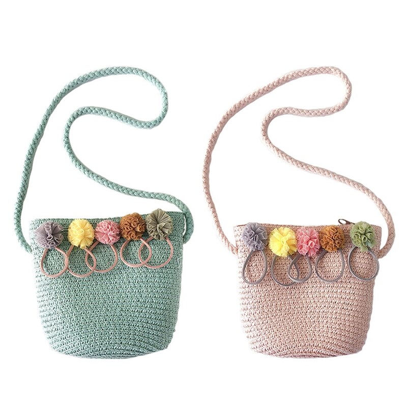 2 Stuks Meisjes Schoudertas Stro Rotan Weave Crossbody Tas Voor Baby Meisjes Best-Roze &amp; Groen