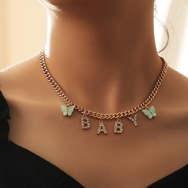 Leuke Vlinder Choker Ketting Voor Vrouwen Meisjes Baby Honing Angel Crystal Letters Hanger Ketting Kraag Ketting Trendy Sieraden: BABY