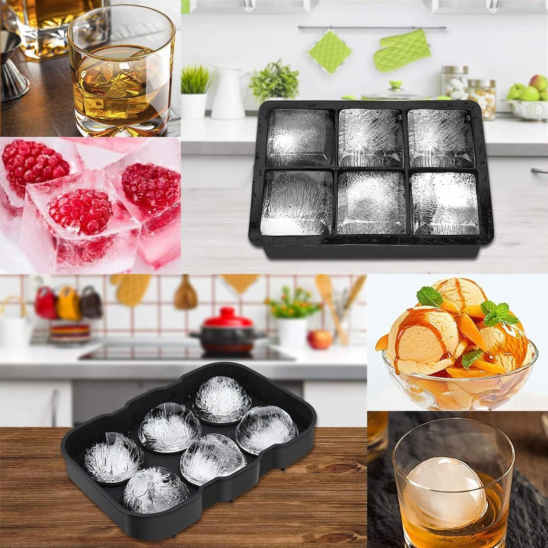 Silikone isterningbakke, store runde isterninger og firkantede isterninger, bpa-fri, genanvendelig, med låg, egnet til cocktails, whisky
