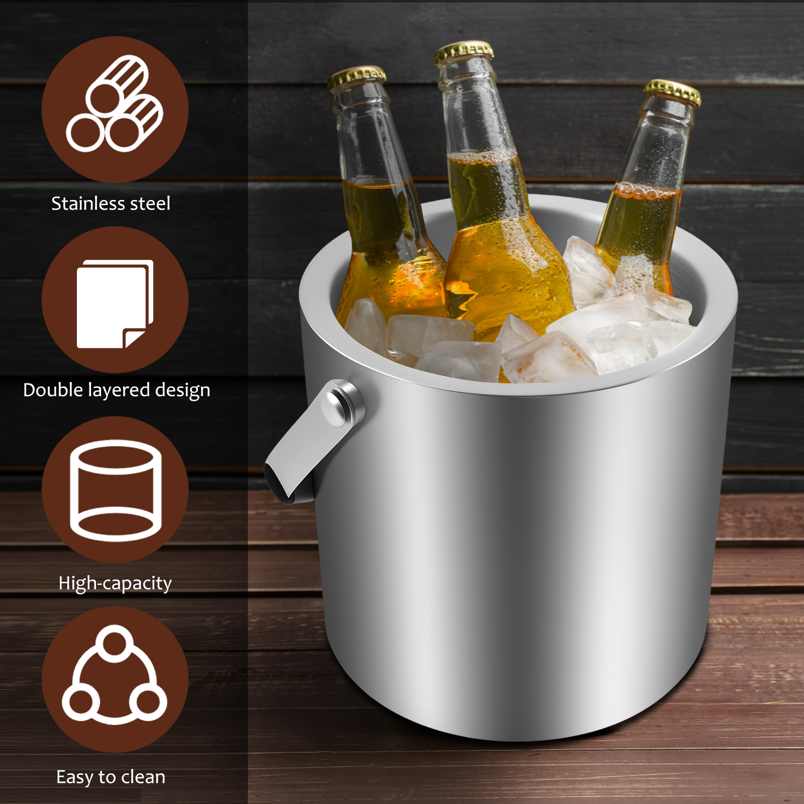 Cubo de hielo de doble pared de acero inoxidable, cubo de hielo para el hogar, cocina, Bar, fiestas, enfriamiento de cerveza, enfriador de champán, accesorios de Bar