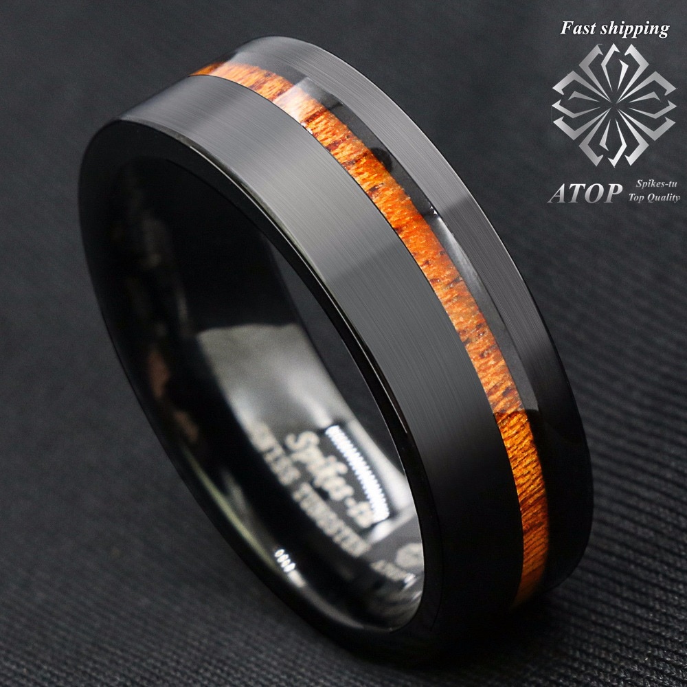 Anneau de mariage en bois Koa noir brossé en carbure de tungstène de 8mm