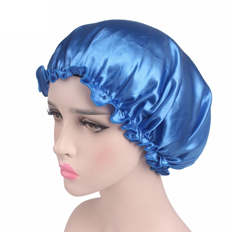 1 pièces Satin Bonnet pour coiffure dormir Bonnet de douche Bonnet de soie femmes nuit bandeau élastique sommeil chapeau couvre-tête soins des cheveux: blue
