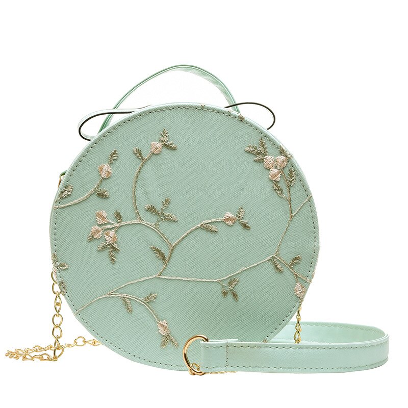 Süße Spitze Runde Handtaschen PU leder Frauen Umhängetaschen Weibliche Kleine Frische Blume Kette Schulter: Green