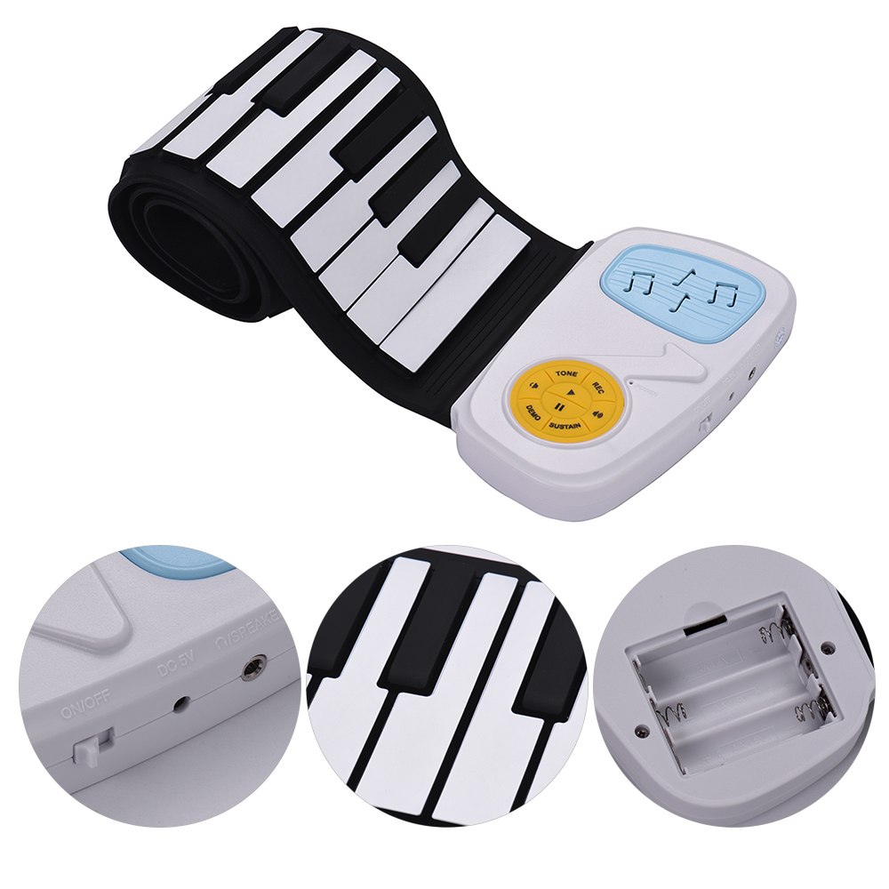 Portable 49-Key Silicon Electronic Keyboard Roll-Up Piano Built-in Speaker With Cartoon Sticker for Children Kids