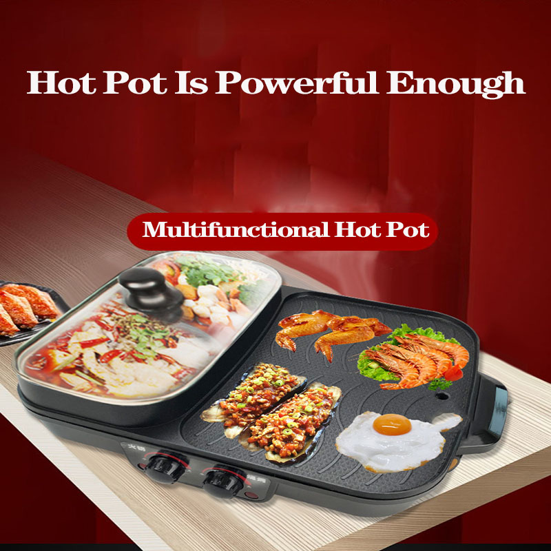 Olla eléctrica multifunción de doble Control para asar una maceta para el hogar olla eléctrica para barbacoa antiadherente