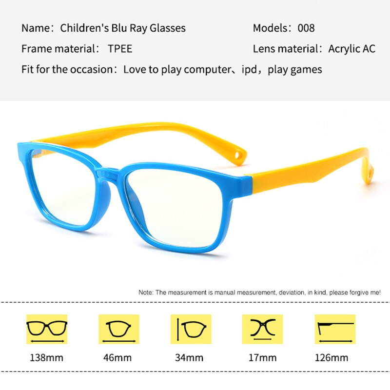 Børns optiske briller, der kan bøjes i et stykke, sikre briller, almindeligt spejl, anti-blåt lys, silikone beskyttelsesbriller