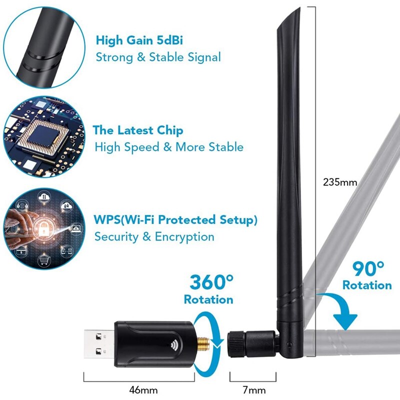 Usb 3.0 wifi adapter wifi dongle 1200 mbps 802.11 ac trådløs netværksadapter med dual band 2.42 ghz /5.8 ghz 5 dbi antenne
