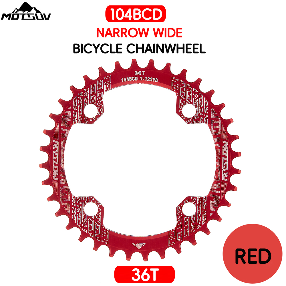 Manivela redonda para bicicleta, rueda de cadena angosta y ancha de placa única con forma redonda MTB 104BCD, 32T/34T/36T/38T: Red Round 36T