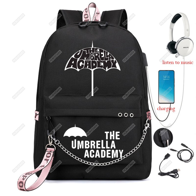 The Umbrella academy USB Backpack Women Men Teenager School Bag Women USB Travel Rucksack Large Mochila Escolar With Chain: Black-2