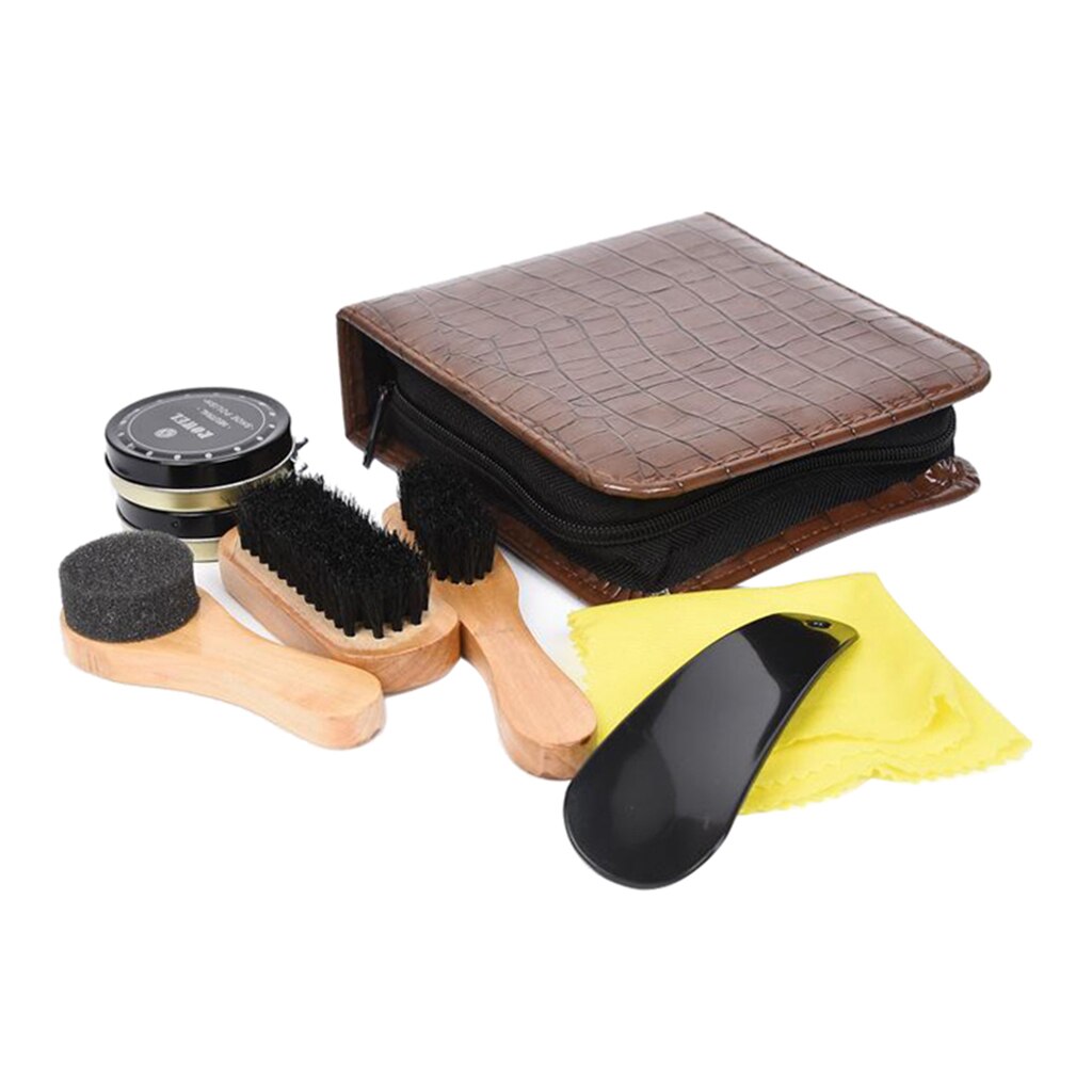 8-Pieces Shoe Care Kit Travel Shoes Shine Brush Polish Kit with PU Leather Storage Case
