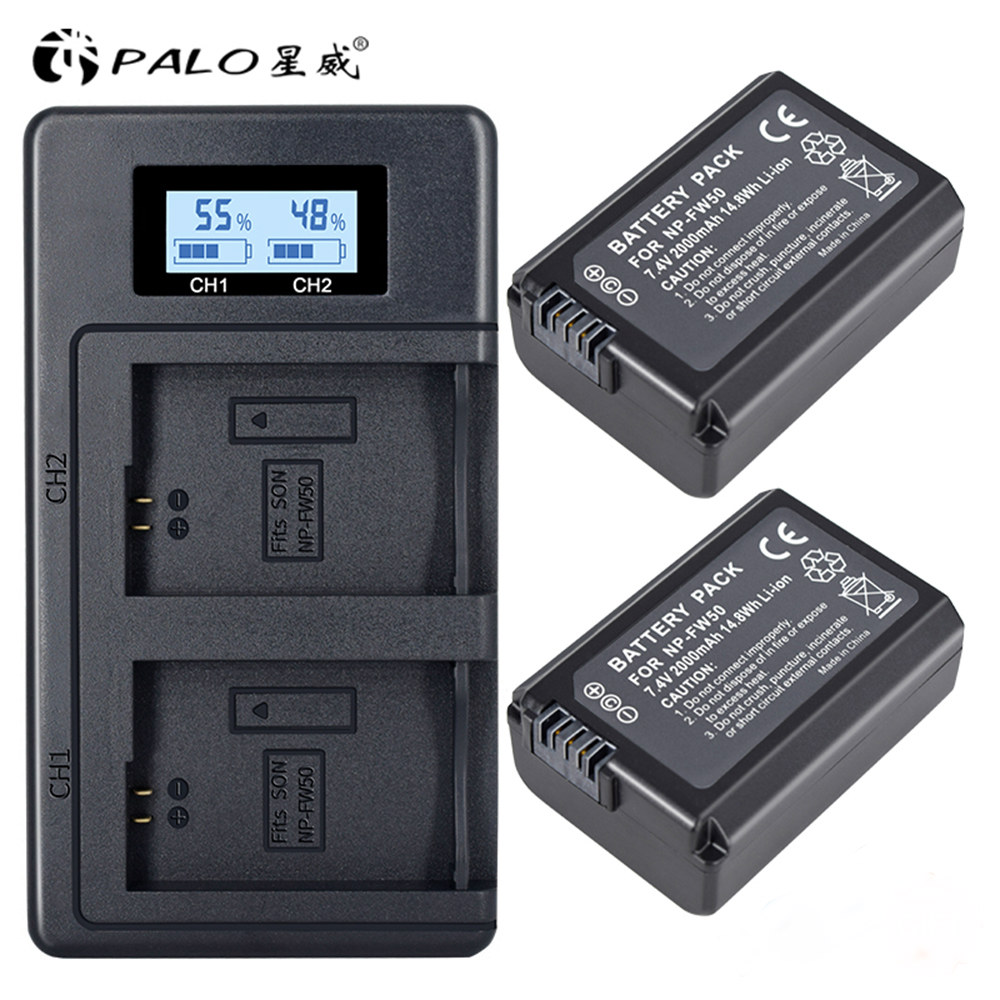 PALO 2pc NP-FW50 NPFW50 Camera Battery+LCD USB Dual Charger Fast Charge for Sony Alpha a6500 a6300 a6000 a5000 a3000 NEX-3 a7R: 2 battery 1 charger