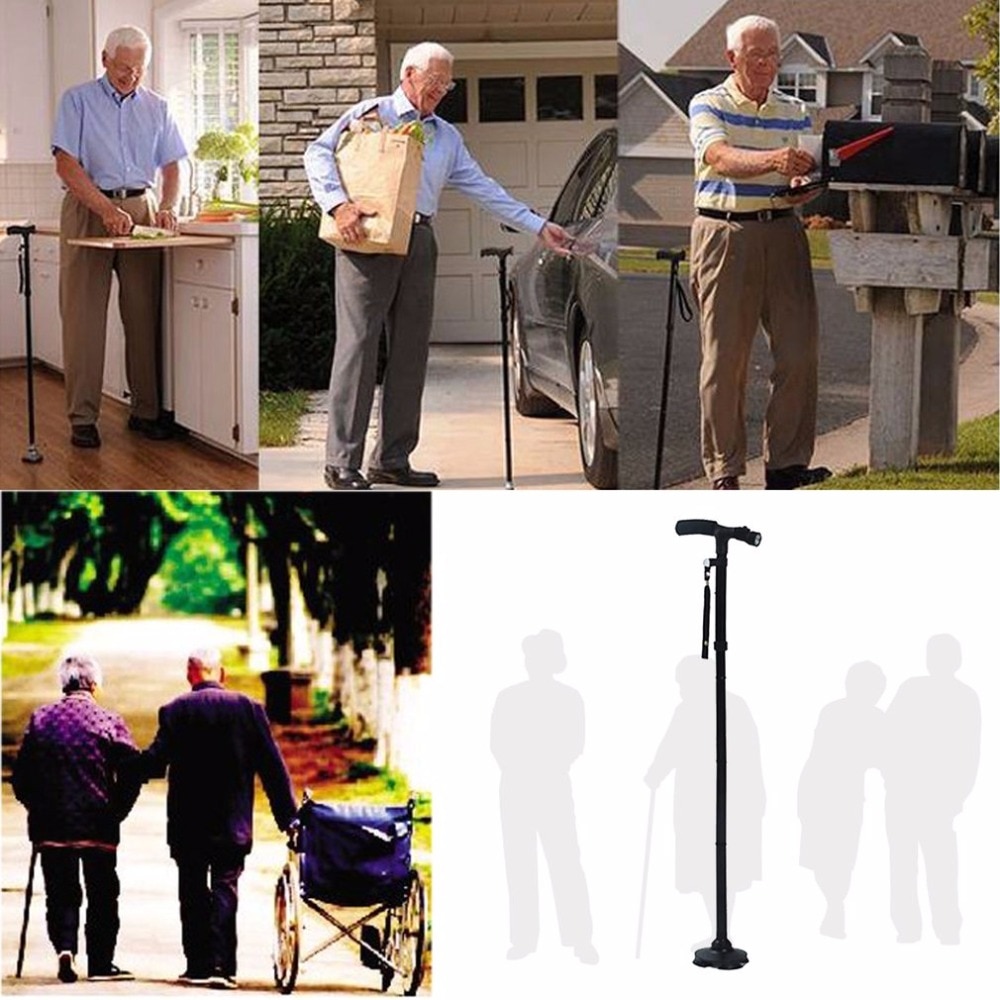 Magic Cane Folding LED Light Safety Walking Stick 4 Head Pivoting Trusty Base For Old Man T Handlebar Trekking Poles Cane Black