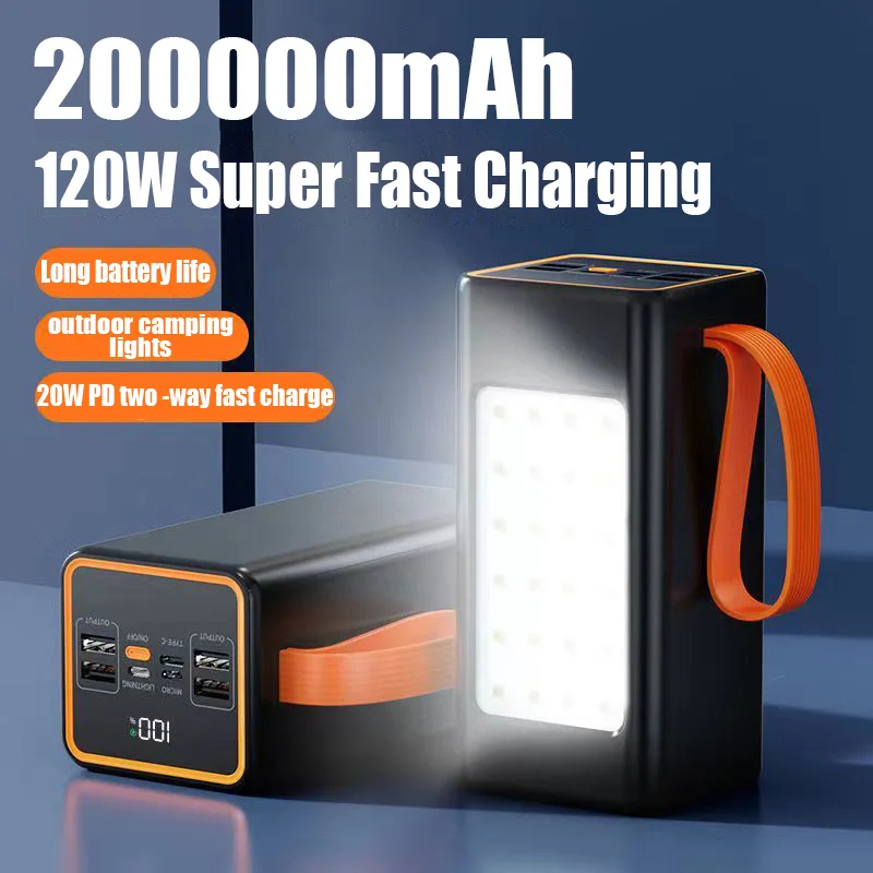 Powerbank 200000 mah, 120w schnellladefunktion, tragbarer draussen-lader, wasserdichter akku, Dual-usb-ladefunktion mit LED-beleuchtung