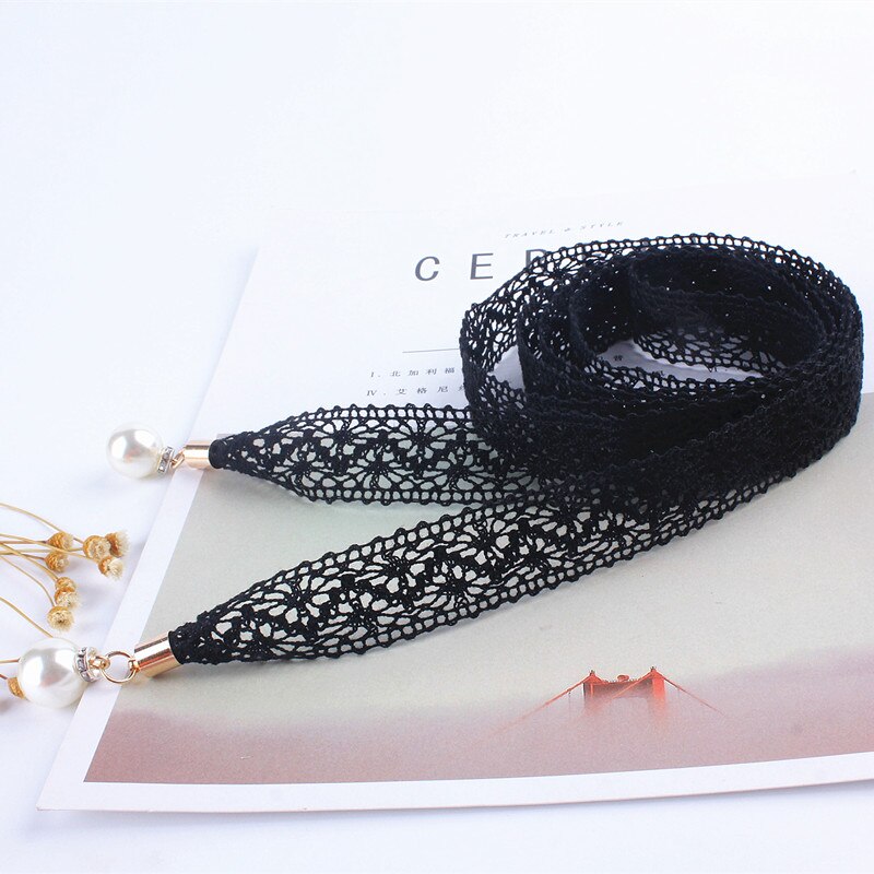 Faja hueca de encaje para mujer, Cinturón fino de perlas, cuerda para vestidos, banda de cintura de borla, cinturón con nudo decorado, cinta estrecha negra: Black