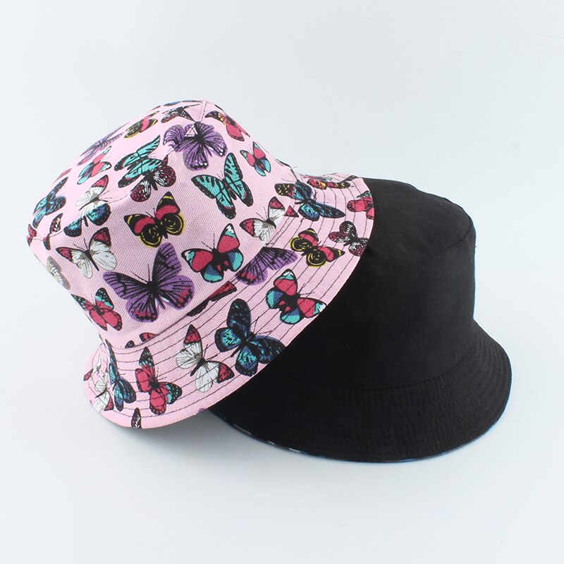 neue Koreanische Rosa Kuh Druck Eimer Hütte Frauen reversibel Angeln Kappe Bob Chapeau Herbst Sommer: ben Rosa Schmetterling