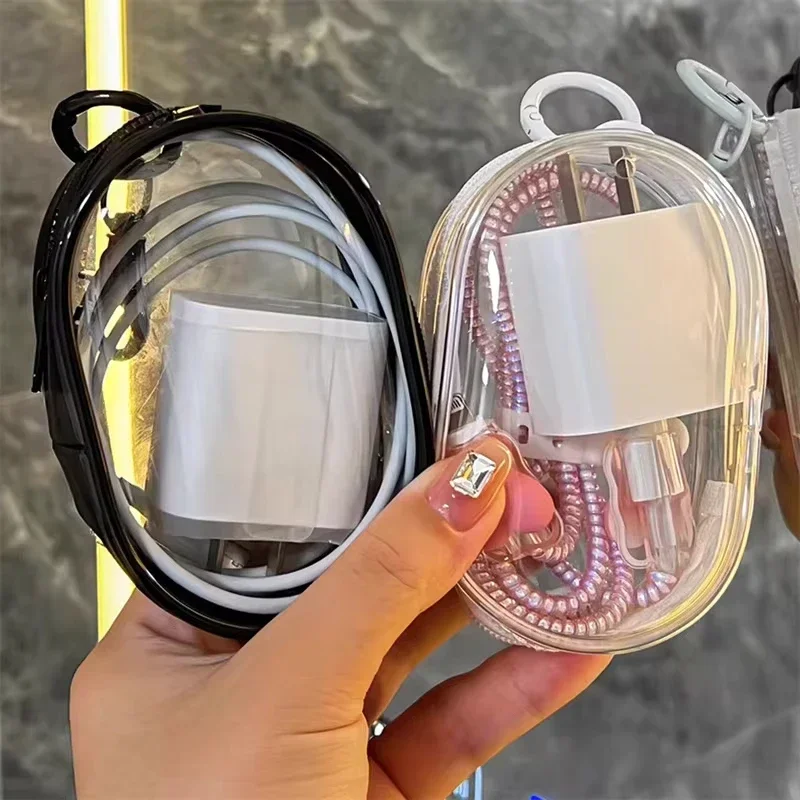 Mini bolsa de almacenamiento de Cable de carga transparente portátil con cremallera, funda multifuncional para auriculares, accesorios de viaje con llavero