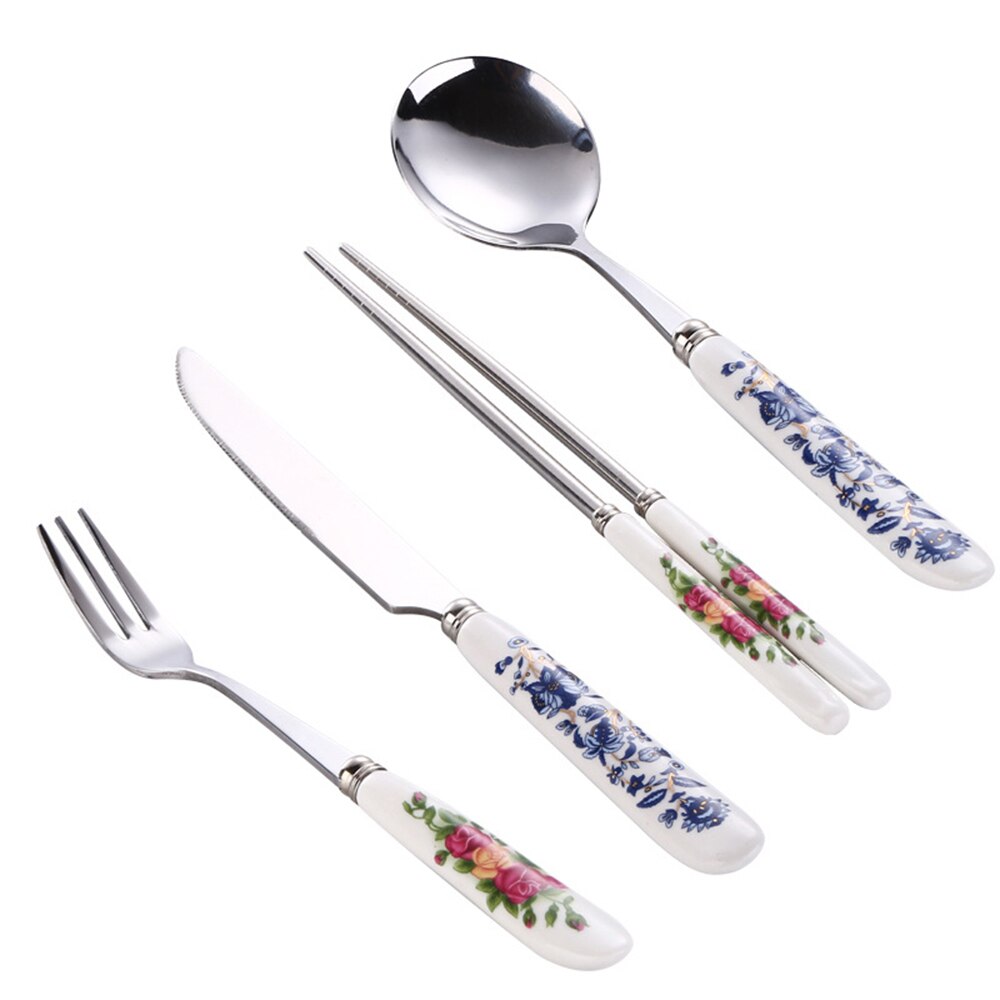Korean Stainless Steel Metal Ceramic Handle Tableware Spoon Chopsticks Fork Dinner Knife Free Combination Cutlery Set