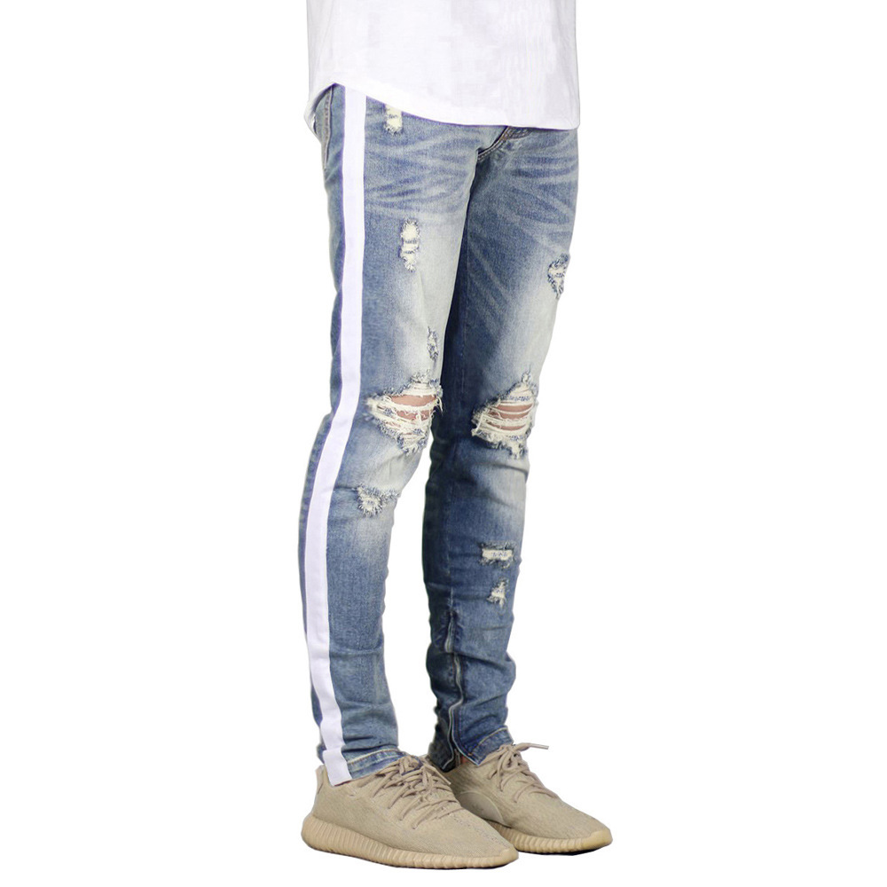 Männer Jeans strecken Dünne Zerrissene Jeans Mit Streifen Seite Y5035
