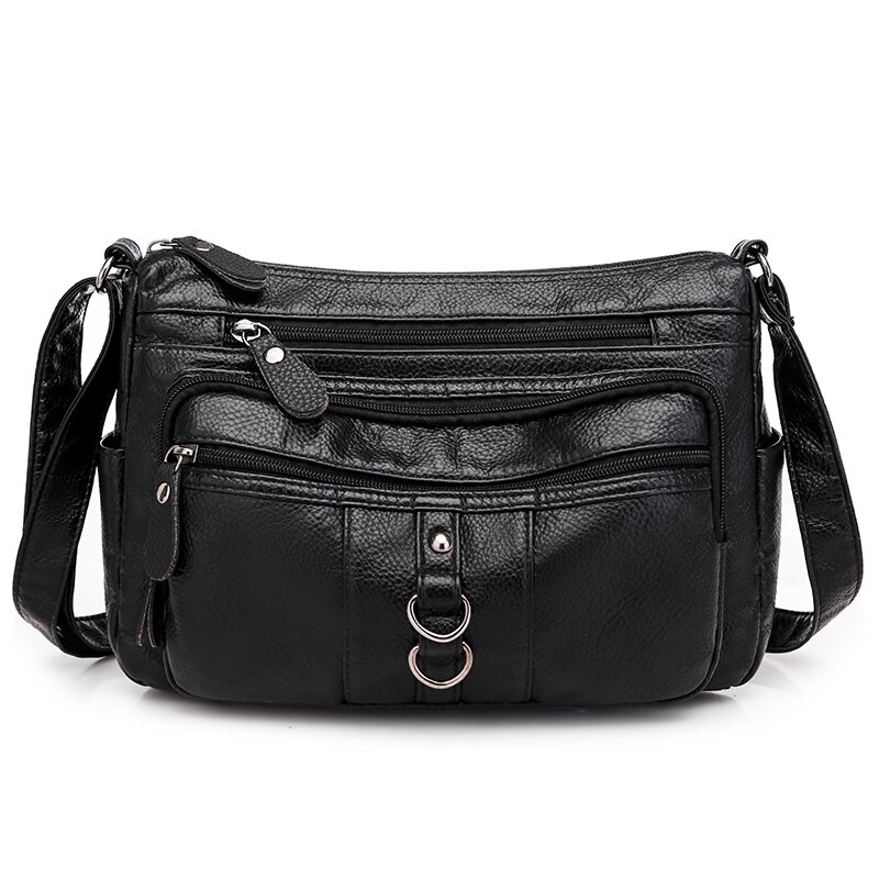 Lonoolisa blødt pu læder dame skuldertasker multi-pocket crossbody tasker til kvinder light messenger dame tasker: Sort -2