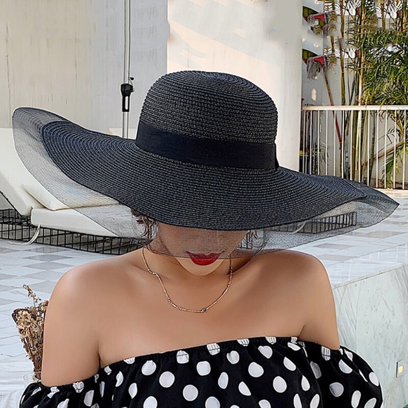 sol sombreros para las mujeres de ala ancha Floppy sombrero de paja de verano Bohemia playa tapa cinta sombrero negro