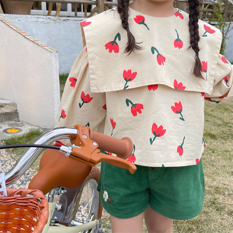 Pantaloncini per bambini casual in tinta unita ricamati a fiori per ragazze primavera estate