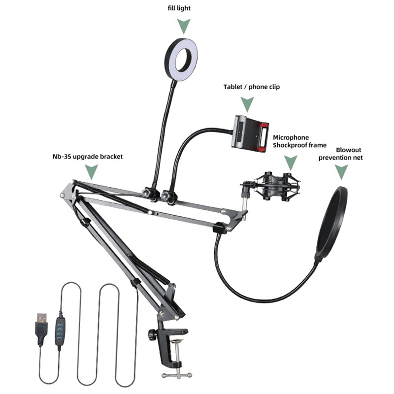 NB-35S Microphone Stand Kit With LED Ring Light Scissor Arm Stands For Computer Laptop PC Karaoke Studio Recording