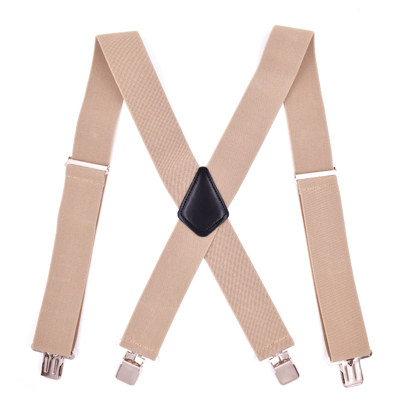 5cm Wide Men Suspenders High Elastic Adjustable 4 Strong Clips Suspender Heavy Duty X Back Trousers Braces: Beige