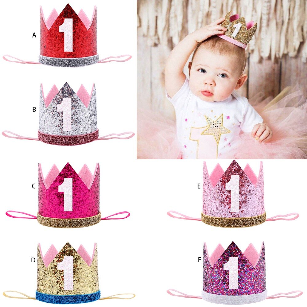 Priness Crown Number 1st 2 3Year Old Party Hat Glitter Birthday Headband Boy Blue Silver First Birthday Hat Girl Gold Pink