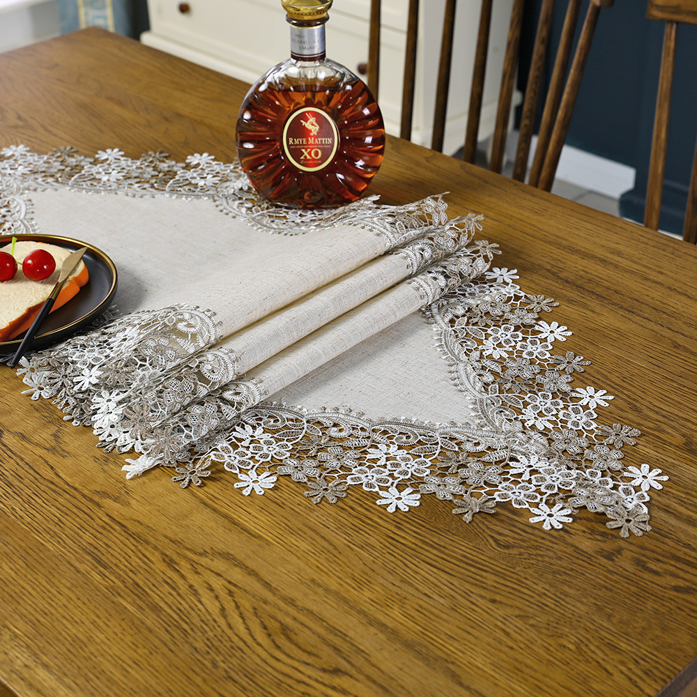 Lace Embroidered Table-runner Decorative Cotton Linen White Lace Embroidery Table Runner