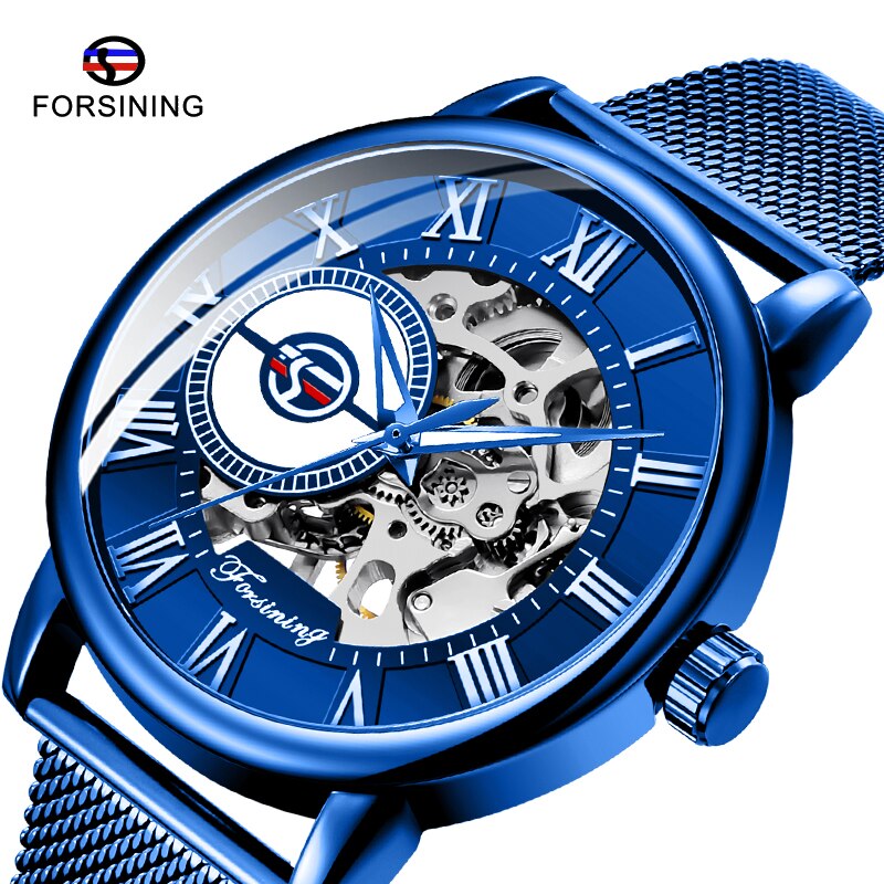 Mode FORSINING Mannen Mechanisch Horloge Mannen Blauw Volledige steel Skeleton Hand wind Bedrijvengids Horloge Relogio Masculino