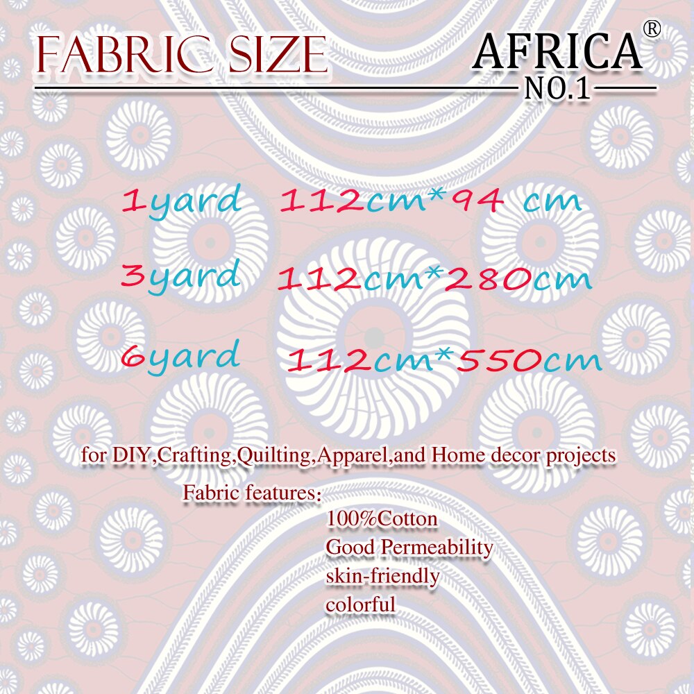 Ankara African Veritable Dashiki Print Cotton Fabric Wax Prints Batik 6 Yards AFRICA NO.1