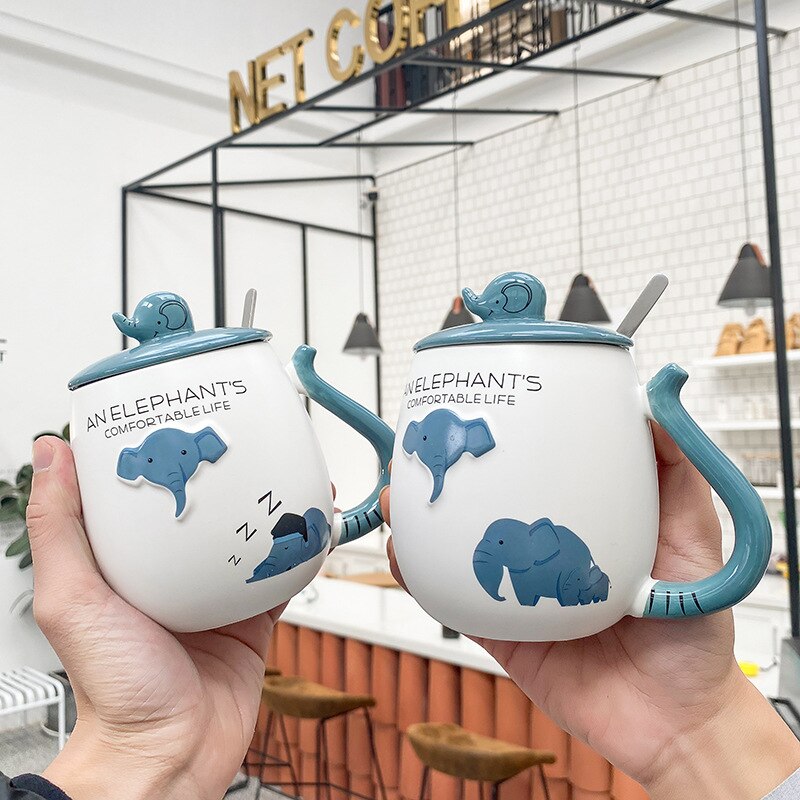450ml Cartoon stereo elephant Coffee Mug With lid spoon Animal Mugs Drinkware Coffee Tea Cups Novelty milk cup