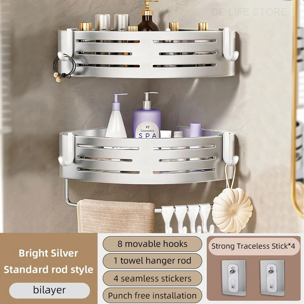 1-2PCS Badezimmer Eckregal mit Kunststoff Haken Handtuchhalter Kein Bohrenraum Aluminium Dusche Lagerregal Badezimmer Organizer: Elfenbein