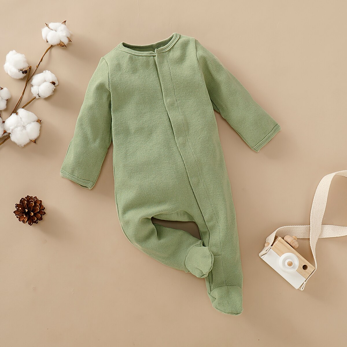 PatPat 2020 Nuova Primavera e L' Autunno Del Bambino Della Ragazza del Ragazzo Solido Footed Tuta a maniche Lunghe Costume Intero Vestiti Del Bambino: Light Green / 9-12 Months