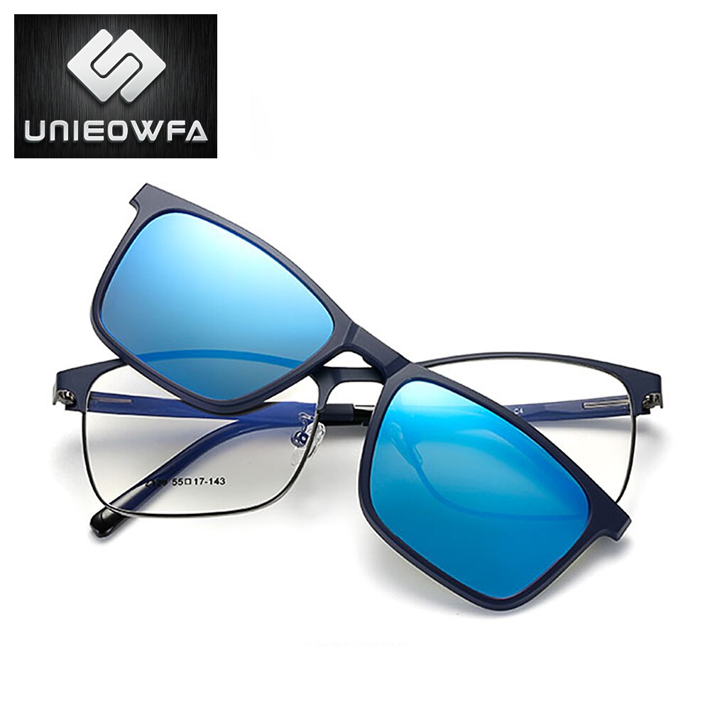 Optical Magnet Clip On Glasses Frame Men Myopia Polarized Clip On Sunglasses Men Clear Prescription Eyeglasses Frame Transparent: C4 Blue Mirror