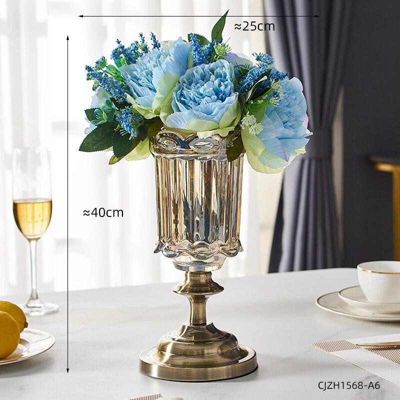 De lujo de florero de vidrio nórdico, decoración para el hogar moderno arreglo con flores artificiales de la boda jarrón de decoración de terrario Decoración Para sala de estar: F
