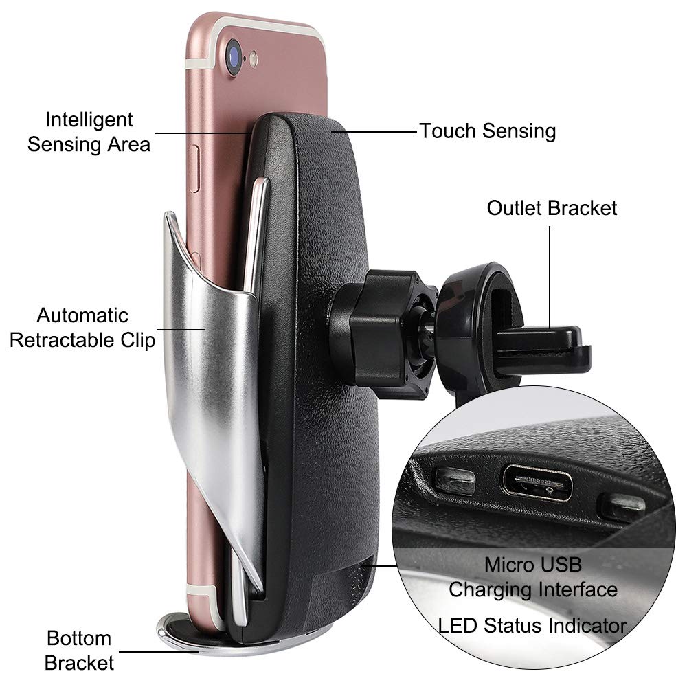 Soporte movil para Coche Abre Cierra Automatico Inteligente Celular por Sensores Rejilla Carga Inalambrica Universal Universal Ajustable con Clip Gancho Mejorado para Ventilador del Aire Ventilación Envio desde España