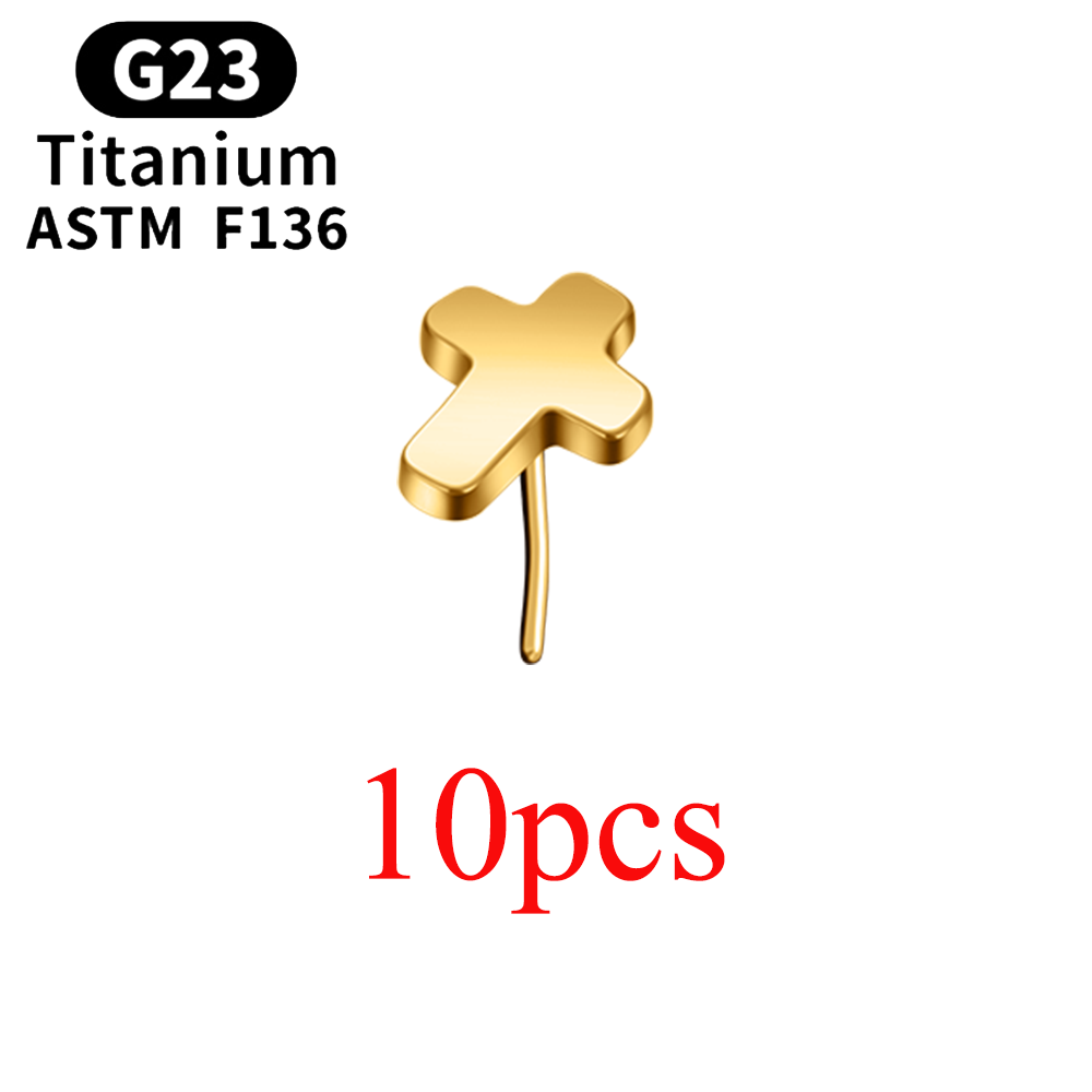 Piercing de titanio G23 sin rosca, estrella, Luna, corazón, Cruz, relámpago, Pin de empuje, Labret, tachuelas superiores, accesorios de joyería, , 10 piezas: COLOR ORO ROSADO
