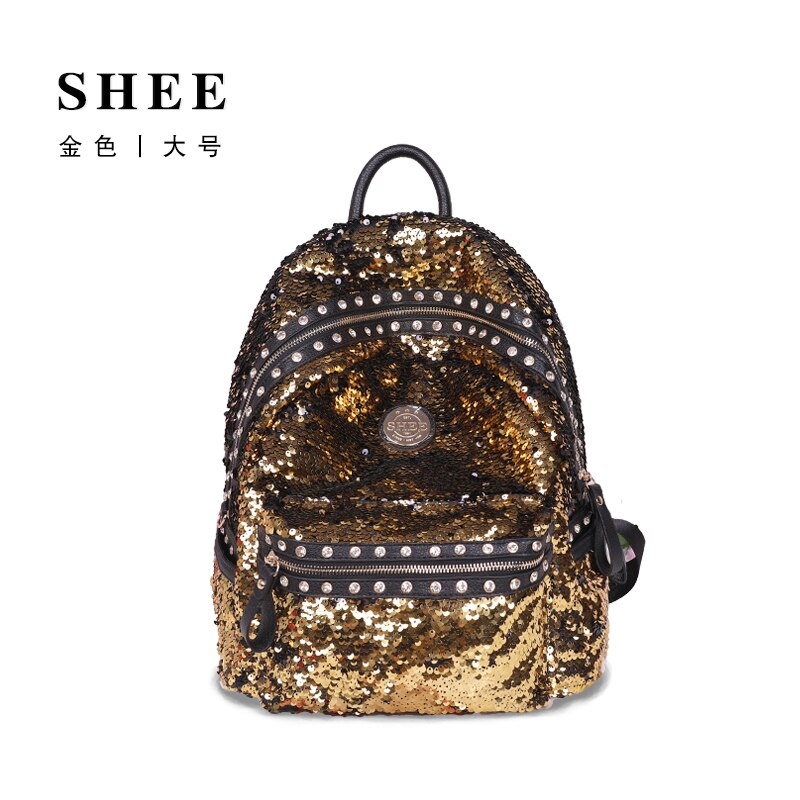 SHEE Set auger Glänzende Pailletten Rucksack Frauen rucksack schule für mädchen Reise Große Kapazität Taschen Partei Taschen Glitter Rucksack: Gold / 12 Zoll