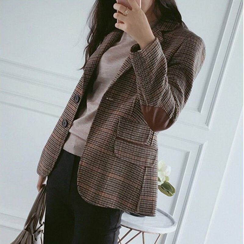 Vangull-blazer à carreaux pour femmes, manteau classique en Patchwork, Patch, coude, vêtement formel à boutonnage simple pour femme
