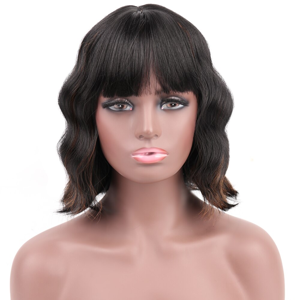 MODERN QUEEN 12" Short Water Wave Wig with Bangs Mix Grey Synthetic Wigs for Women Brown Cosplay Bob Wigs Female Daily Party: #6