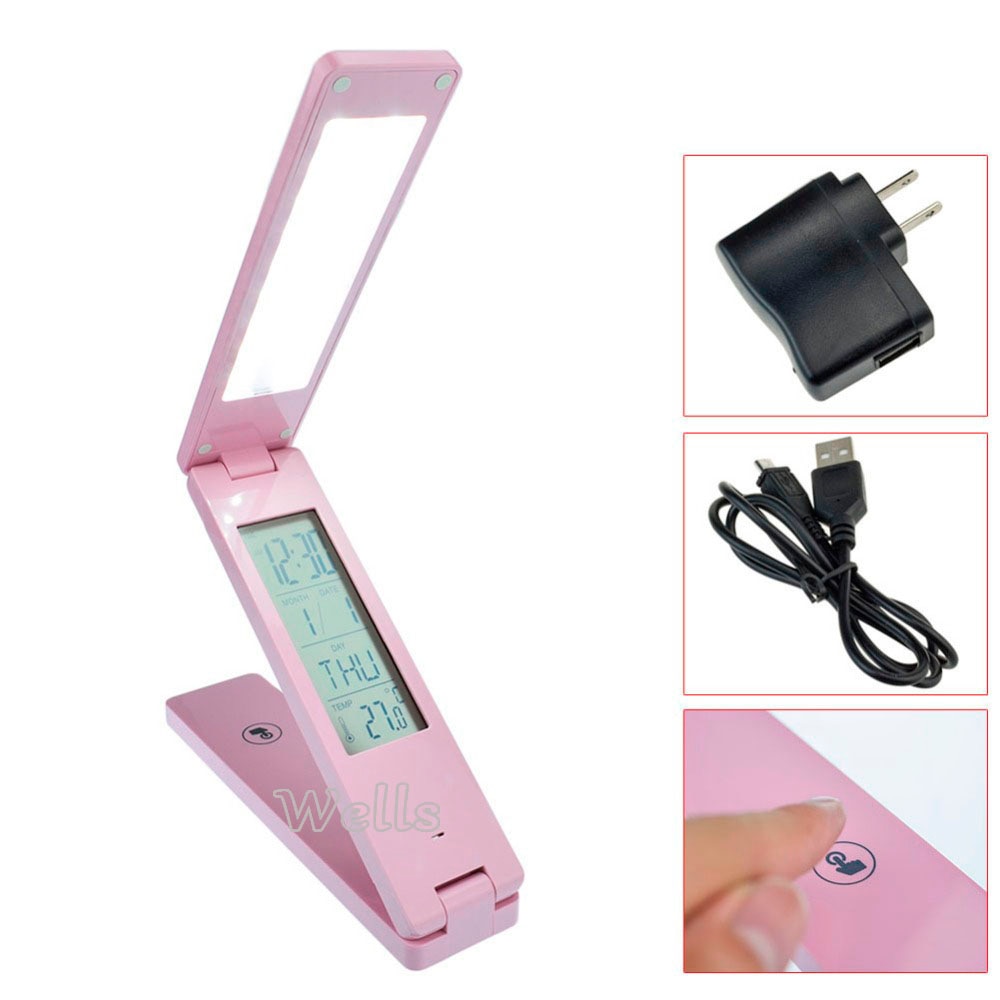Opvouwbare LED bureaulamp Oplaadbare Leeslamp Touch Control Kalender Wekker Temperatuur Dimbare Tafellamp studie lamp