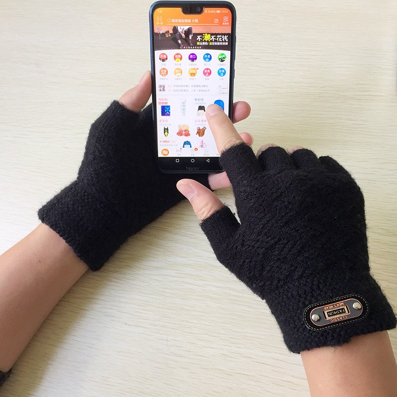 Mitaines en laine acrylique pour hommes, en tricot Jacquard épais, , à la , gants pour écran tactile C2: Half Finger Black